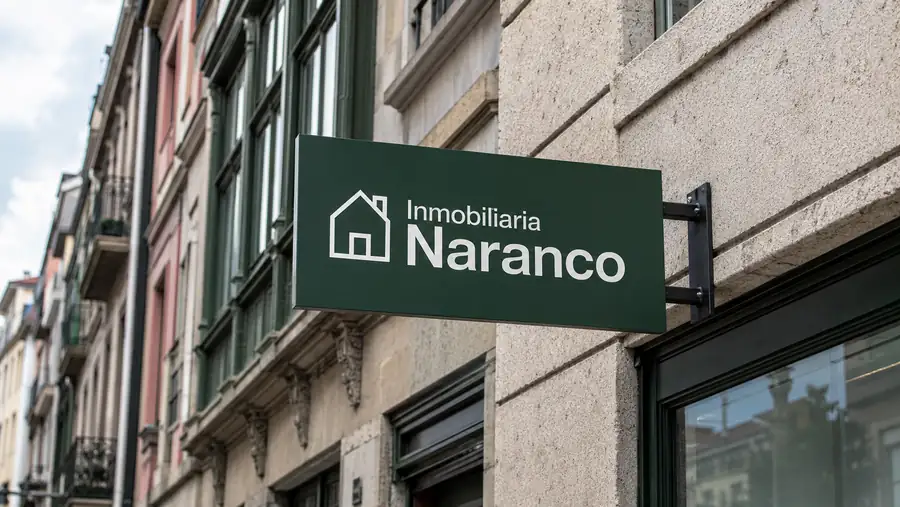 Banderola de composite vinilada sin iluminar de la inmobiliaria Naranco en Oviedo, fabricada por Pingraf