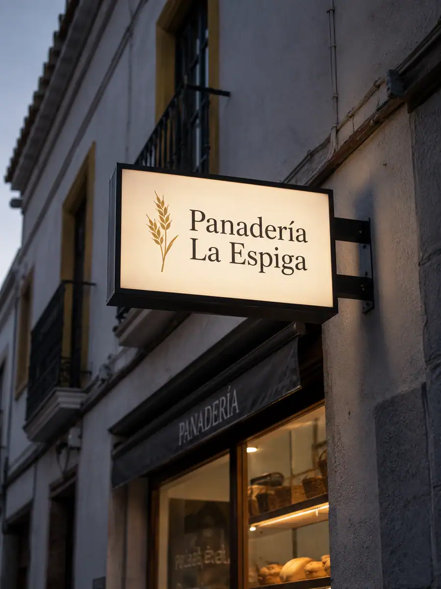 Banderola luminosa de una panadería, perpendicular a la fachada en Oviedo
