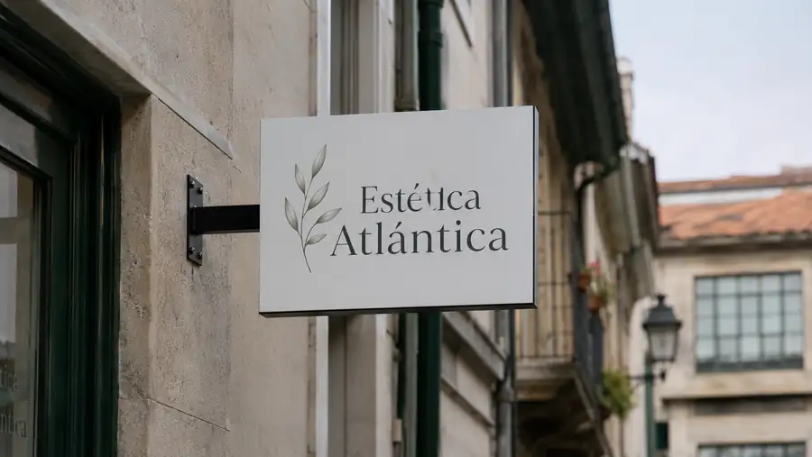 Banderola a doble cara de Estética Atlántica vista en escorzo, fabricada por Pingraf en Oviedo