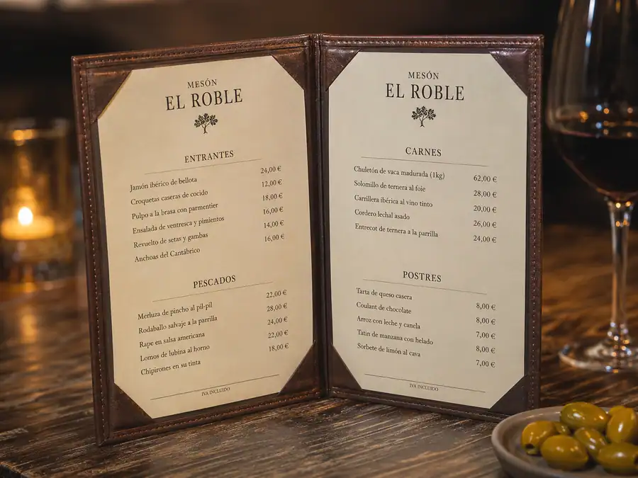 Carta de restaurante impresa y plastificada para el mesón El Roble