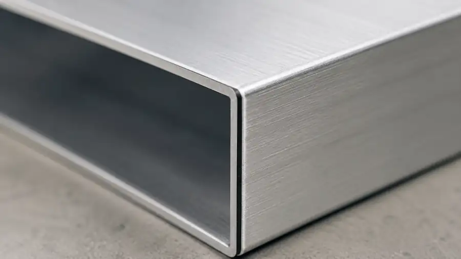Detalle del canto plegado de un panel de composite (dibond), con las dos láminas de aluminio y el núcleo a la vista