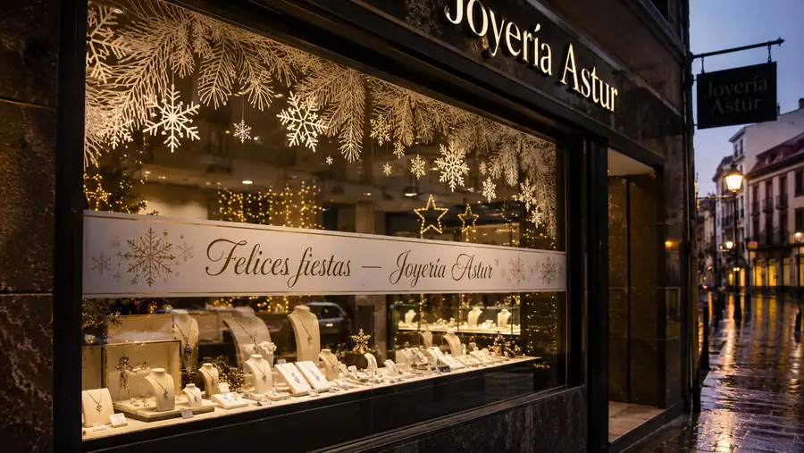 Decoración de escaparate de Navidad con vinilo, realizada por Pingraf para la Joyería Astur