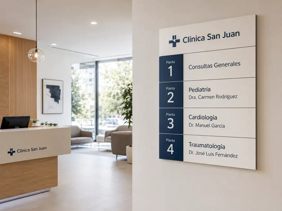 Directorio de señalética corporativa en la clínica San Juan, fabricado por Pingraf
