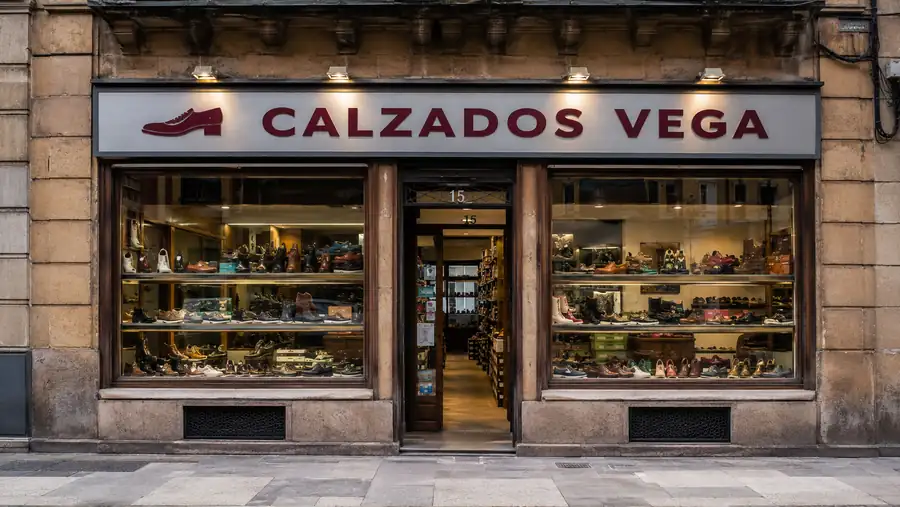 Rótulo de fachada de Calzados Vega fabricado e instalado por Pingraf en Asturias