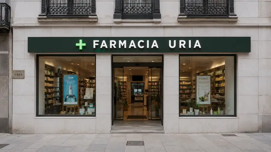 Rótulo de fachada de Farmacia Uría fabricado e instalado por Pingraf en Asturias