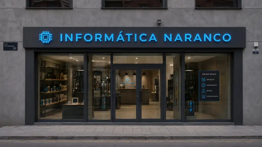 Rótulo de fachada de Informatica Naranco fabricado e instalado por Pingraf en Asturias