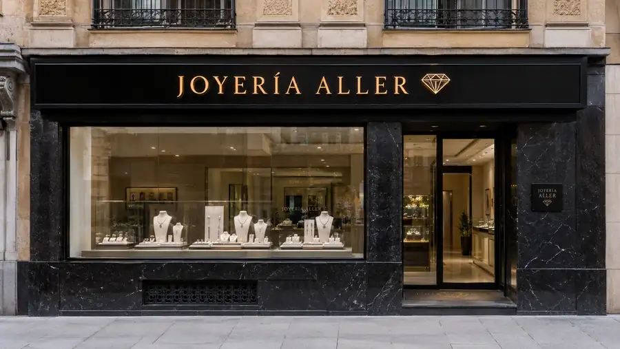 Rótulo de fachada de Joyería Aller fabricado e instalado por Pingraf en Asturias