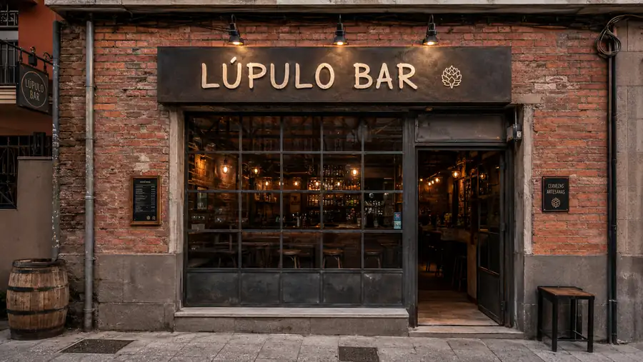 Rótulo de fachada de Lupulo Bar fabricado e instalado por Pingraf en Asturias