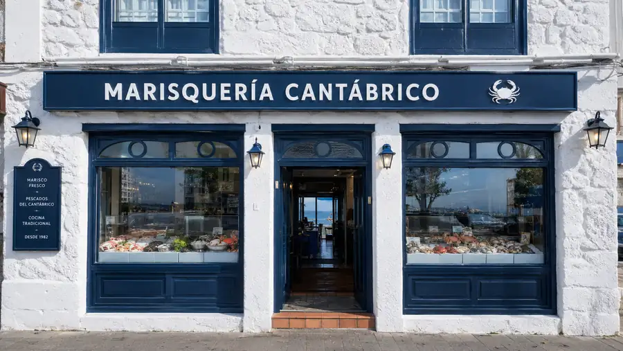 Rótulo de fachada de Marisqueria Cantabrico fabricado e instalado por Pingraf en Asturias