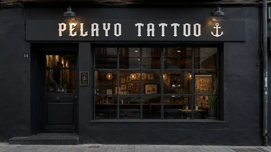 Rótulo de fachada de Pelayo Tattoo fabricado e instalado por Pingraf en Asturias