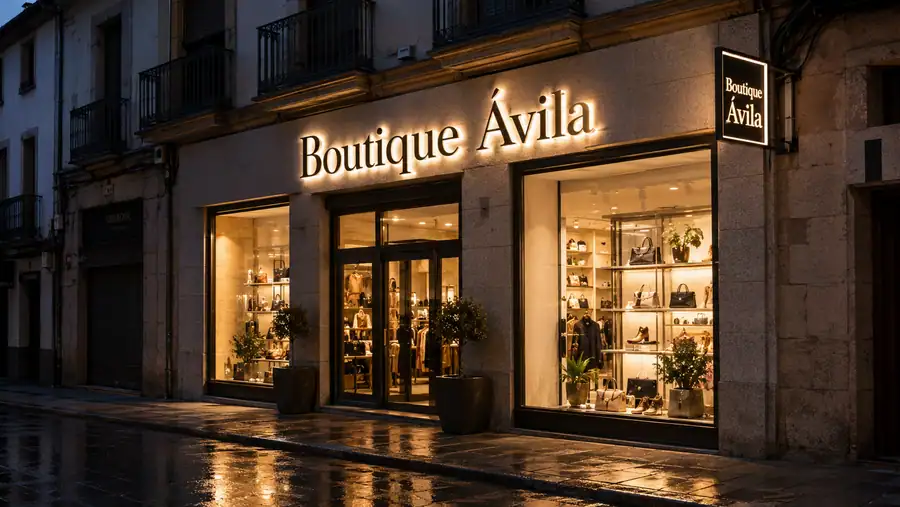 Rótulo de comercio iluminado al anochecer en Oviedo