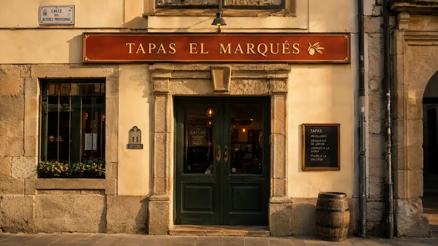 Rótulo de fachada de Tapas Marques fabricado e instalado por Pingraf en Asturias