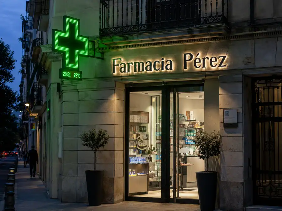 Cruz y pantalla LED informativa de la farmacia Pérez