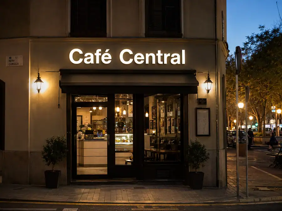 Letras corpóreas con luz frontal en la fachada de una cafetería rotulada por Pingraf