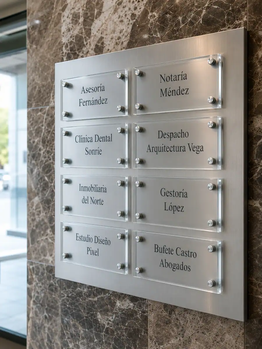 Plaquero de directorio instalado por Pingraf en el portal de un edificio de oficinas