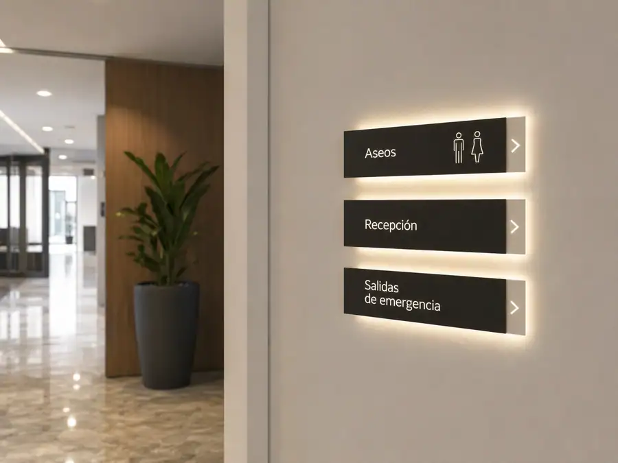 Señalética interior con flechas direccionales y pictogramas de aseos