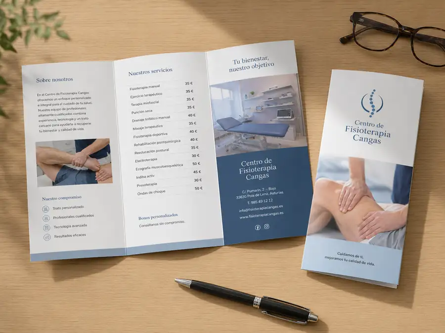 Tríptico informativo impreso por Pingraf para una clínica de fisioterapia en Cangas