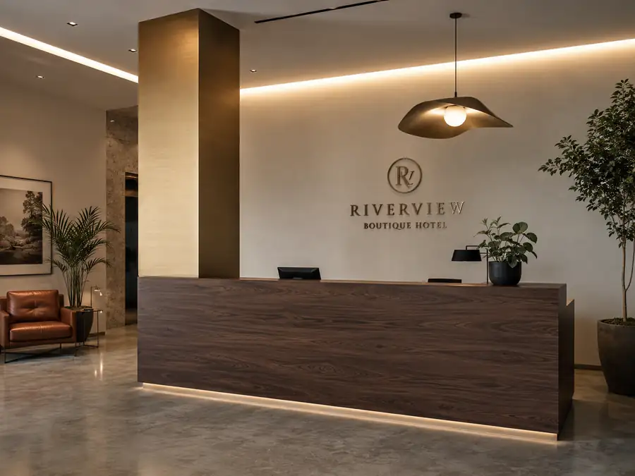 Recepción de hotel con mostrador y columna forrados en vinilo arquitectónico por Pingraf