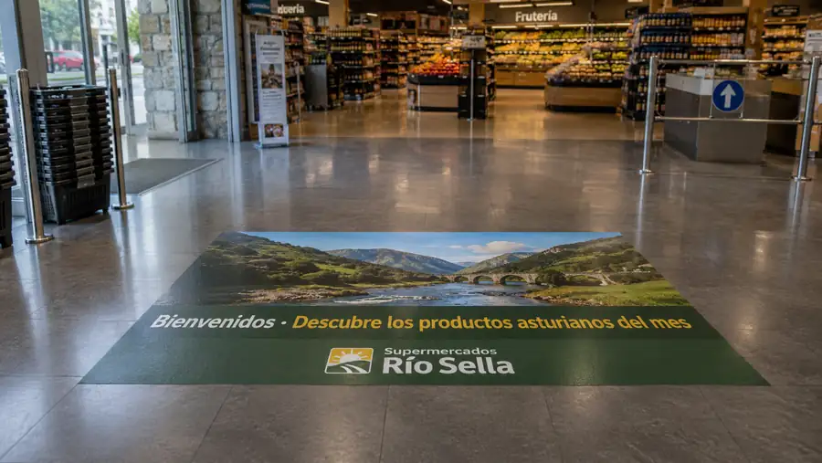 Vinilo de suelo antideslizante de alta resistencia en el supermercado Río Sella, instalado por Pingraf